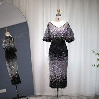 Timeless Glamour: Modest Black Evening Dress with Fancy Puff Sleeves, Shimmering Sequins, and Elegant V-Neck