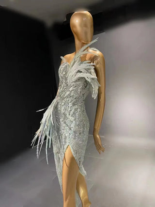 QUEENS DUBAI: Sexy Slit Short Dress with Ostrich Feather - Costume Dress for Luxury Fashion Show Evenings