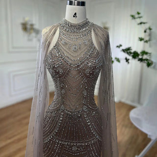 Caramel Elegance: 2024 Arabic Luxury Mermaid Gown with Cape Sleeves and Beading