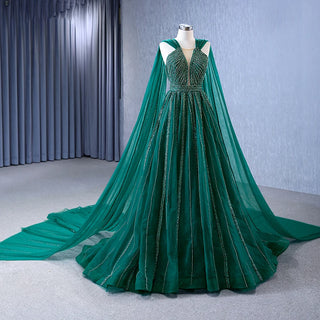 Emerald Elegance: Sleeveless Sequins Evening Party Gown with Shawl