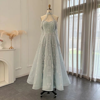 Light Blue Elegance: Luxury Evening Ball Gown with Off-Shoulder Design and Beaded Detail - Perfect for Formal Occasions