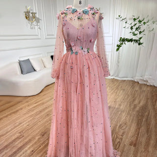 Pink A-Line O Neck Long Sleeve Dubai Evening Dress 2024 with Handmade Flowers and Pearls