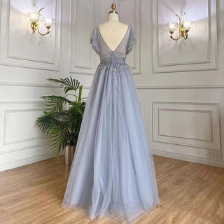 Blue Elegance: 2024 Arabic A-Line Evening Dress with V-Neck, Luxury Beading, and Dubai-Inspired Style - Perfect for Elegant Women's Parties