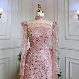 Pretty in Pink: 2024 Muslim Long Sleeve High Neck Mermaid Evening Gown with Luxury Sequins - Perfect for Women's Parties