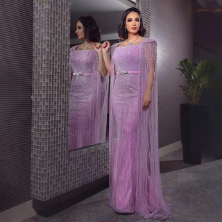 Arabic Purple Mermaid Long Evening Dress with Cape Sleeves - Beaded Luxury Dubai Gown for Women's Party