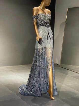 QUEENS DUBAI: Gorgeous Heavy Beaded Slit Sexy Off-Shoulder Costume Dress - Fashion Show Party Evening Elegance