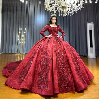 Radiant Glamour: Long Sleeve Sparkly Red Sequin Ball Gown Evening Party Dress for Women