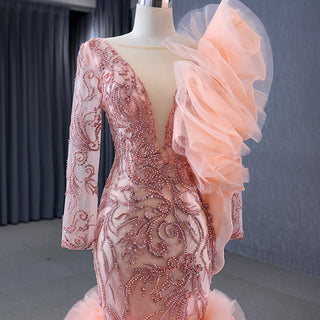 Pink Enchantment: Ruffle Long Sleeve Sequins Mermaid Evening Party Gown