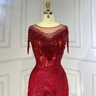 Crimson Cascade: 2024 Wine Red Lace Beaded Tassel Mermaid Evening Gown