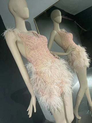 QUEENS DUBAI: Pink Beaded Elegance - Short Skirt Costume Dress with Ostrich Feather for a Sexy V-Neck Evening Affair