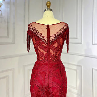 Crimson Cascade: 2024 Wine Red Lace Beaded Tassel Mermaid Evening Gown