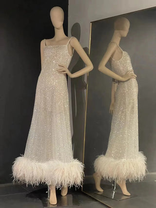 QUEENS DUBAI: Luxury Spaghetti Straps Square Neckline Costume Dress - Ostrich Feathers, Heavy Beaded Sequins, Lace Fashion Show Elegance