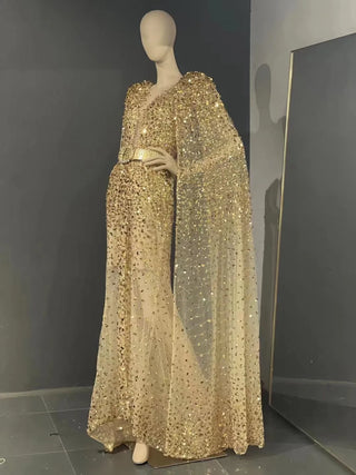 QUEENS DUBAI: Gold Stage Costume Dress with Shawl - Deep V-Neck Sequins Lace Luxury Cocktail & Evening Dress