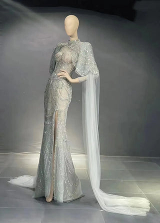 QUEENS DUBAI: Grey Elegance - Mermaid Stage Costume Dress with Open Back, Slit, Sexy Beaded Lace, and Cape