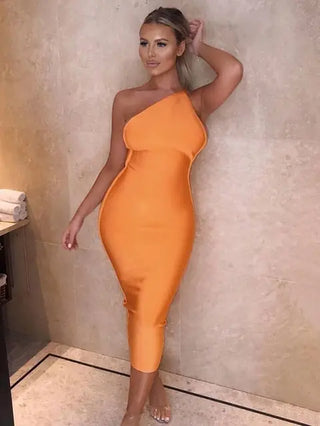 Ships in 1 to 3 Days – Sizzling Elegance: 2024 Hot Orange Asymmetrical Backless Bandage Dress - Midi Slim Vestidos for Party, Club, and Celebrity Cocktail Glam