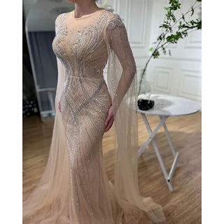 Arabic Nude Mermaid Evening Dress 2024 with Cape Sleeves, Elegant Beaded Luxury - Ideal for Women's Wedding Party