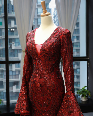 Ravishing Red Elegance: V-Neck Lace Evening Dress with Long Sleeves