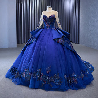 Blooms of Elegance: Blue Floral Print O-Neck Ball Gown with Sequins and Chapel Train Evening Dress