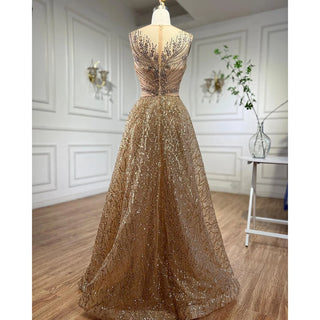 Gold O-neck Long Sleeves Mermaid Beaded Overskirt Evening Dresses Formal Party Gowns For Women 2023