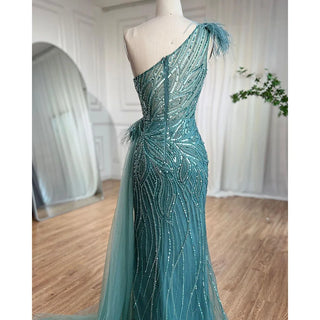 Turquoise Mermaid Elegant Evening Gown: 2024 High Split with Skirt, Beaded Feathers for Women's Party