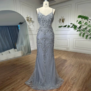 Arabic Grey Mermaid Evening Dress 2024 with Spaghetti Straps, Elegant Beaded Luxury - Ideal for Women's Party