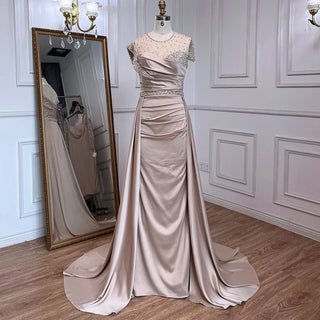 2024 Arabic Nude Mermaid Evening Gown: Elegant Satin with Overskirt and Luxury Beading for Women's Party Glamour