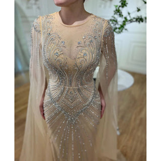 Arabic Nude Mermaid Evening Dress 2024 with Cape Sleeves, Elegant Beaded Luxury - Ideal for Women's Wedding Party