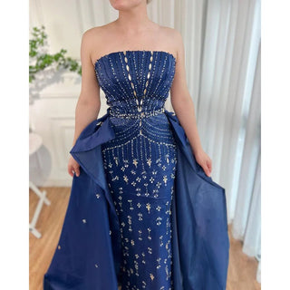 2024 Blue Strapless Mermaid Evening Gown with Overskirt: Beaded Elegance for Formal Occasions - Women's Party Attire