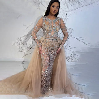 Silver Glamour: 2024 Silver Nude Mermaid Evening Gown with Over Skirt, Beading, and Luxury Dubai Style