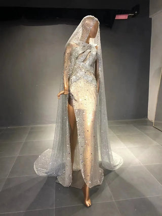 QUEENS DUBAI: Champagne Sparkle Mermaid - Glittery Slit Dress with Captivating Cape