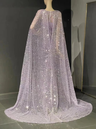 QUEENS DUBAI: Regal Radiance - Purple V-Neck Stage Costume Dress with Sequins, Lace, and Shawl