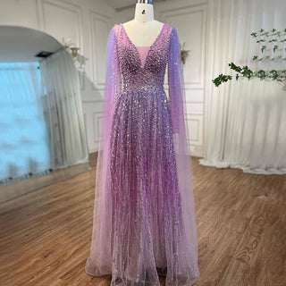 Purple Arabic A-Line Evening Dress 2024 with Cape Sleeves, V-Neck, Beaded Elegance - Ideal for Women's Wedding Party