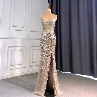 2024 Silver Nude Mermaid Evening Gown: Spaghetti Straps, Sequins, and Beaded Elegance for Women's Party Glamour