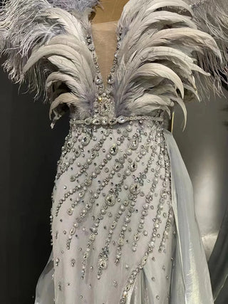 QUEENS DUBAI: Stage Dress Costume Dress with Ostrich Feather Lace - Luxury Evening Elegance