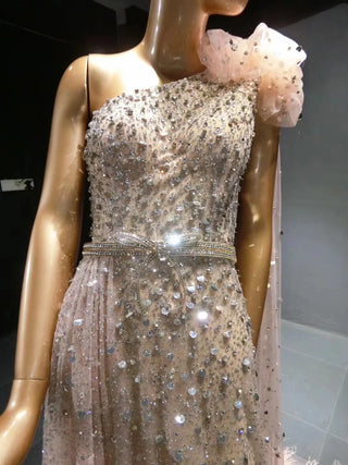 QUEENS DUBAI: Pink Enchantment - One-Shoulder Rhinestone Beaded Ostrich Feather Costume Show Dress