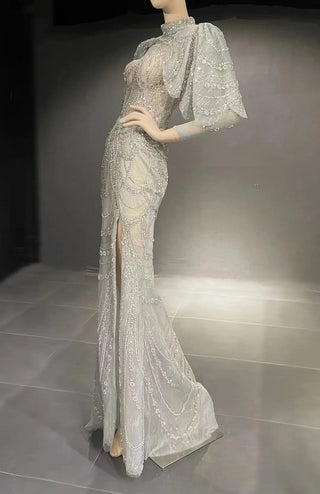 QUEENS DUBAI: Grey Elegance - Mermaid Stage Costume Dress with Open Back, Slit, Sexy Beaded Lace, and Cape