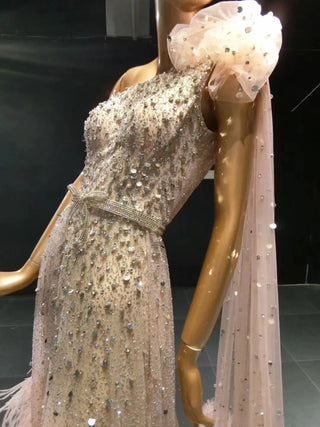 QUEENS DUBAI: Pink Enchantment - One-Shoulder Rhinestone Beaded Ostrich Feather Costume Show Dress