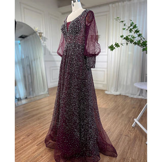 Purple Muslim Mermaid Evening Dress 2024 with Elegant Puff Sleeves, Luxury Beaded Detailing - Ideal for Women's Wedding Party