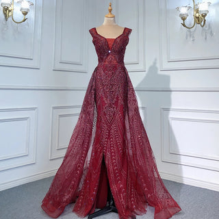 Radiant Wine Red: 2024 Luxury Evening Dress with Beading, Mermaid Silhouette, and Elegant Overskirt