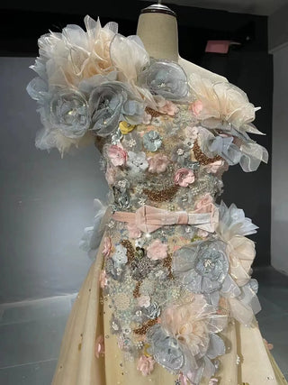 QUEENS DUBAI: Champagne 3D Flower Lace Costume Dress with Detachable Train - Fashion Show Cocktail Evening Elegance