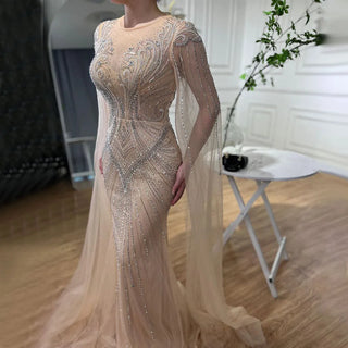 Arabic Nude Mermaid Evening Dress 2024 with Cape Sleeves, Elegant Beaded Luxury - Ideal for Women's Wedding Party