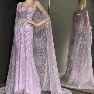 QUEENS DUBAI: Regal Radiance - Purple V-Neck Stage Costume Dress with Sequins, Lace, and Shawl