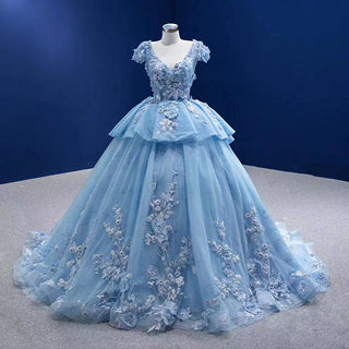 Floral Fantasy: Elegant Blue 3D Flower Plus Size Ball Gown Evening Dress