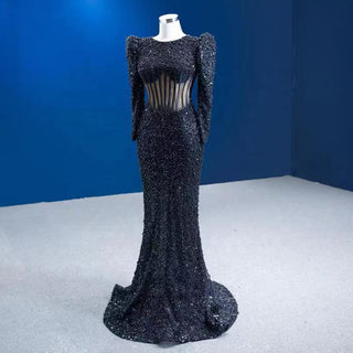 Sultry Elegance: Black Illusion Long Sleeve Mermaid Evening Gown