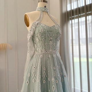 Light Blue Elegance: Luxury Evening Ball Gown with Off-Shoulder Design and Beaded Detail - Perfect for Formal Occasions