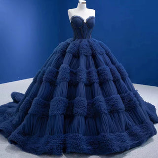 Midnight Elegance: Navy Ruffle Sweetheart Ball Gown for Evening Proms