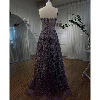 Ships in 1 to 3 Days - Arabic Luxury Purple Mermaid Evening Dress 2024 with Strapless Design, Beaded Elegance - Ideal for Women's Wedding Party