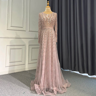 Pink Mermaid Elegant Evening Gown 2024: O-Neck, Long Sleeves, Luxury Beaded for Woman Party