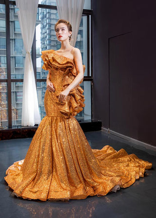 Golden Elegance: Unique One-Shoulder Fish Cut Long Evening Party Dress