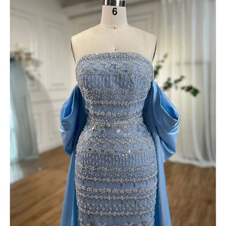 Arabic Sage Blue Elegant Mermaid Strapless Evening Dress: Beaded Sophistication for Women's Wedding Party 2024